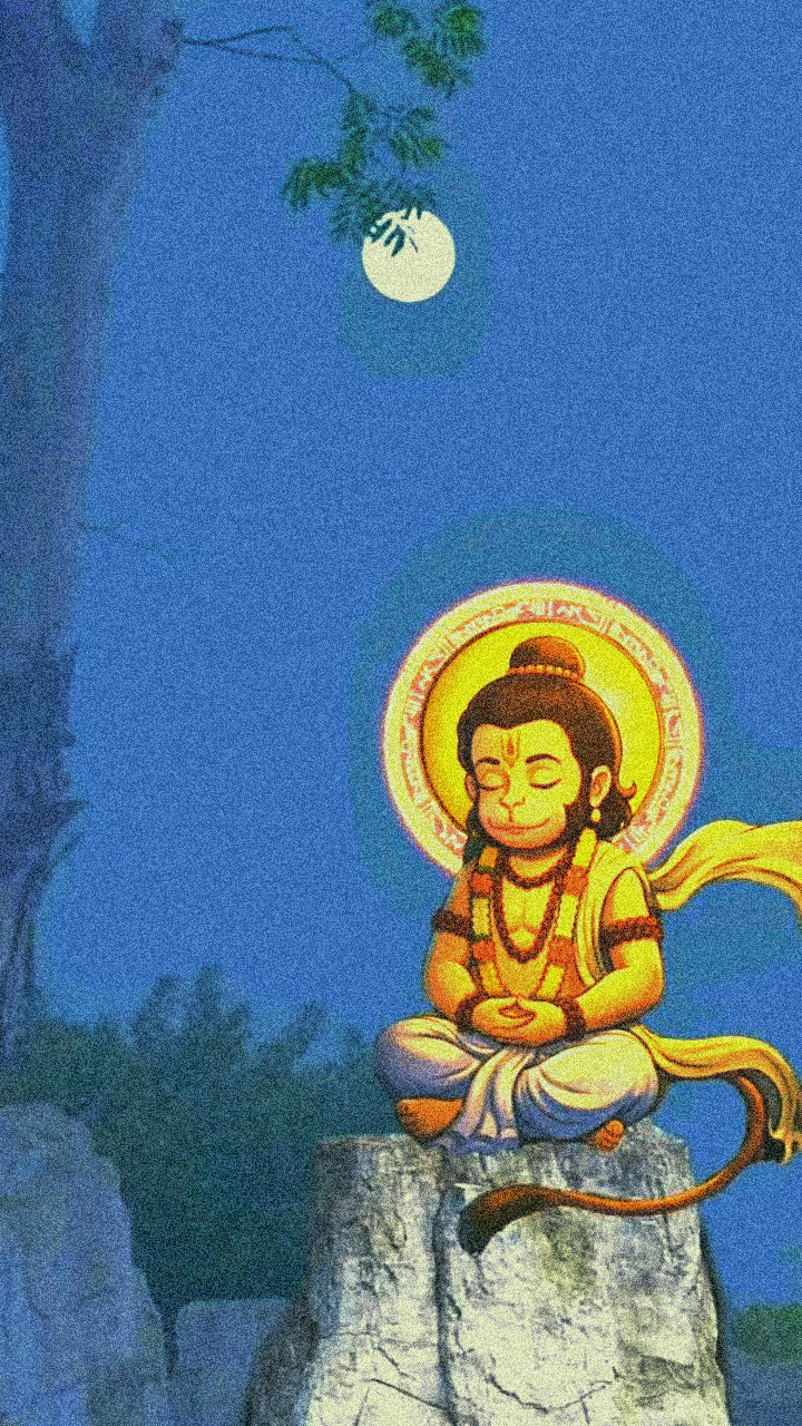 Dithered devotional figure under a blue night sky