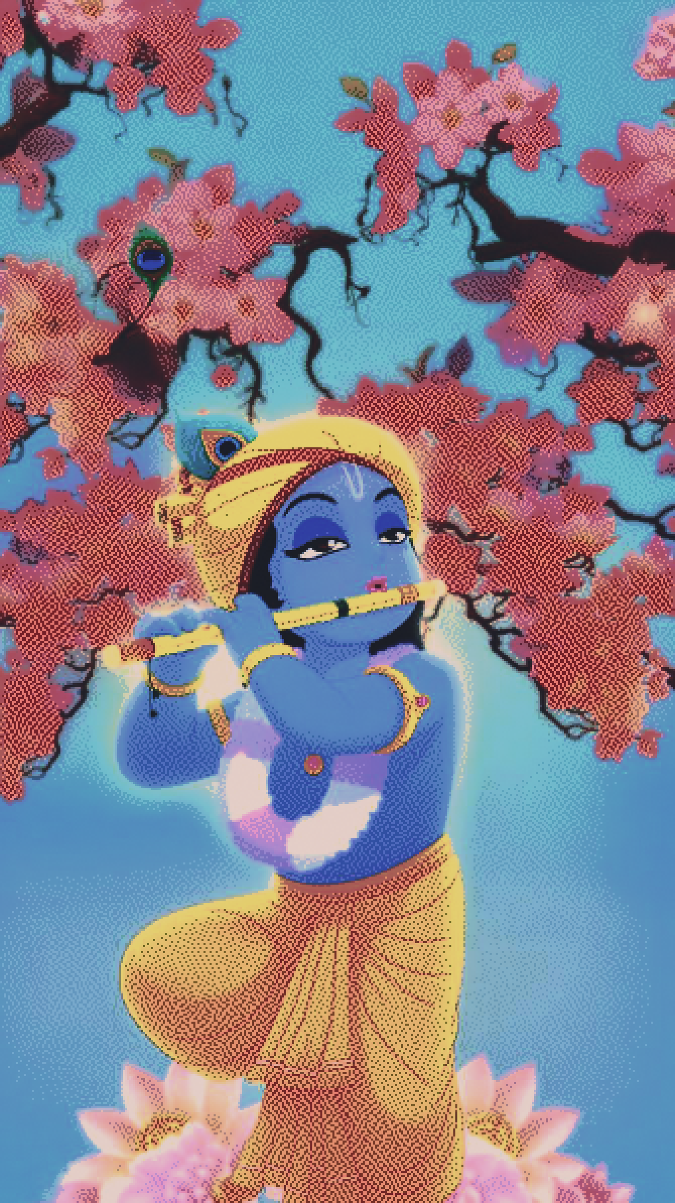 Atkinson dithered Krishna playing flute under blossoms