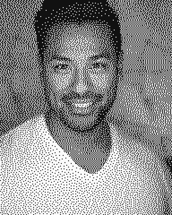 Chunky dithered portrait with bold print texture