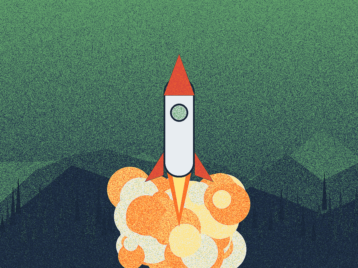 Dithered rocket launching from a green mountain valley